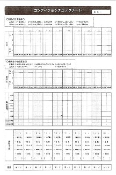 10日分の体調、睡眠時間などを記録した表