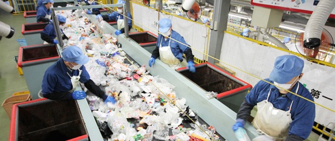 プラスチック容器の選別作業（横大路学園）の画像