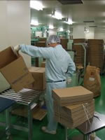 工場内でのライン作業 製品梱包のための段ボール箱組