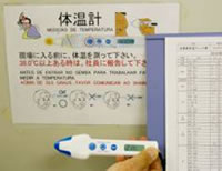 インフルエンザ発見のため全員が毎日測る体温計。イラスト入りで計り方が掲示されていた